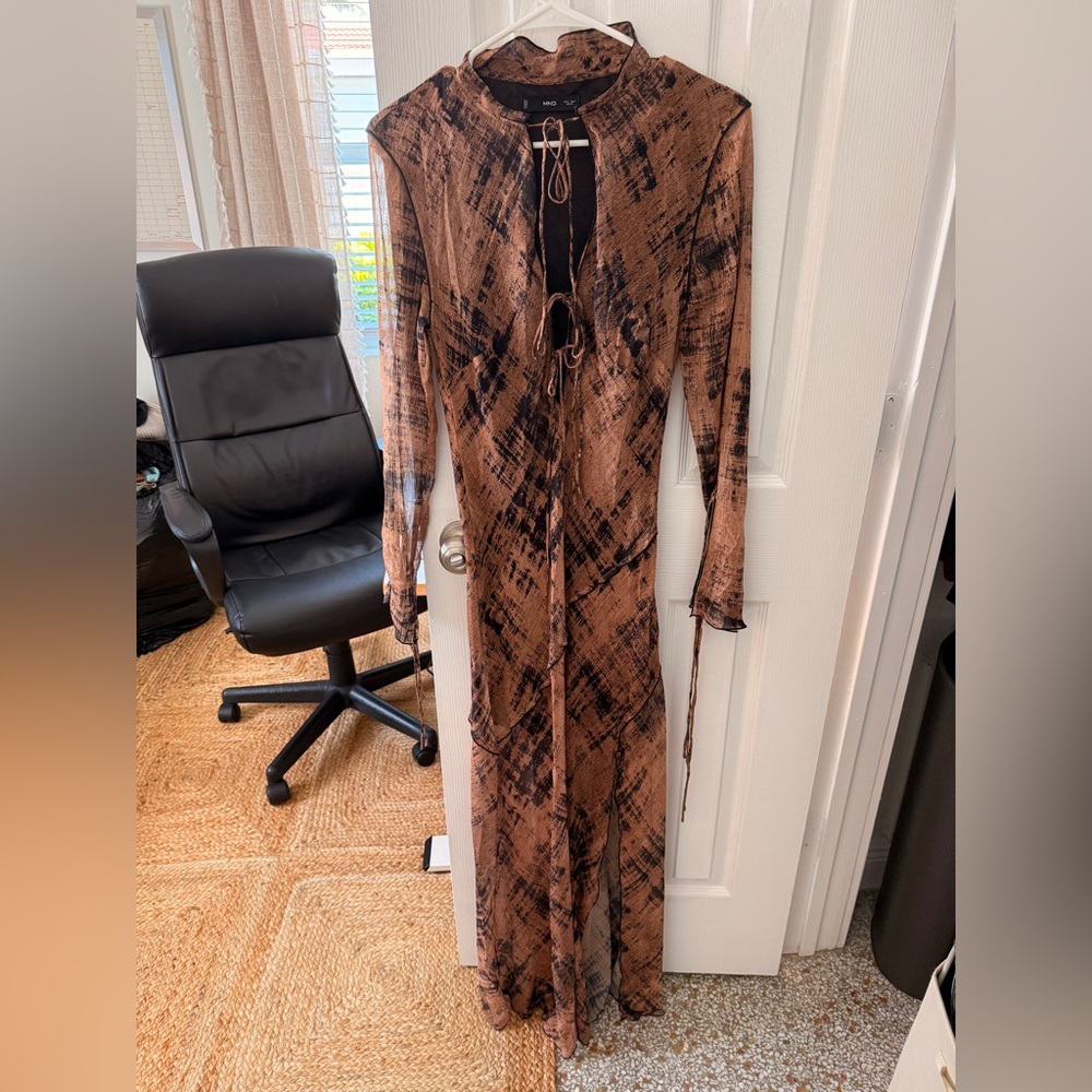 Mango Brown Printed Long-Sleeve Tie-Front Maxi Dress